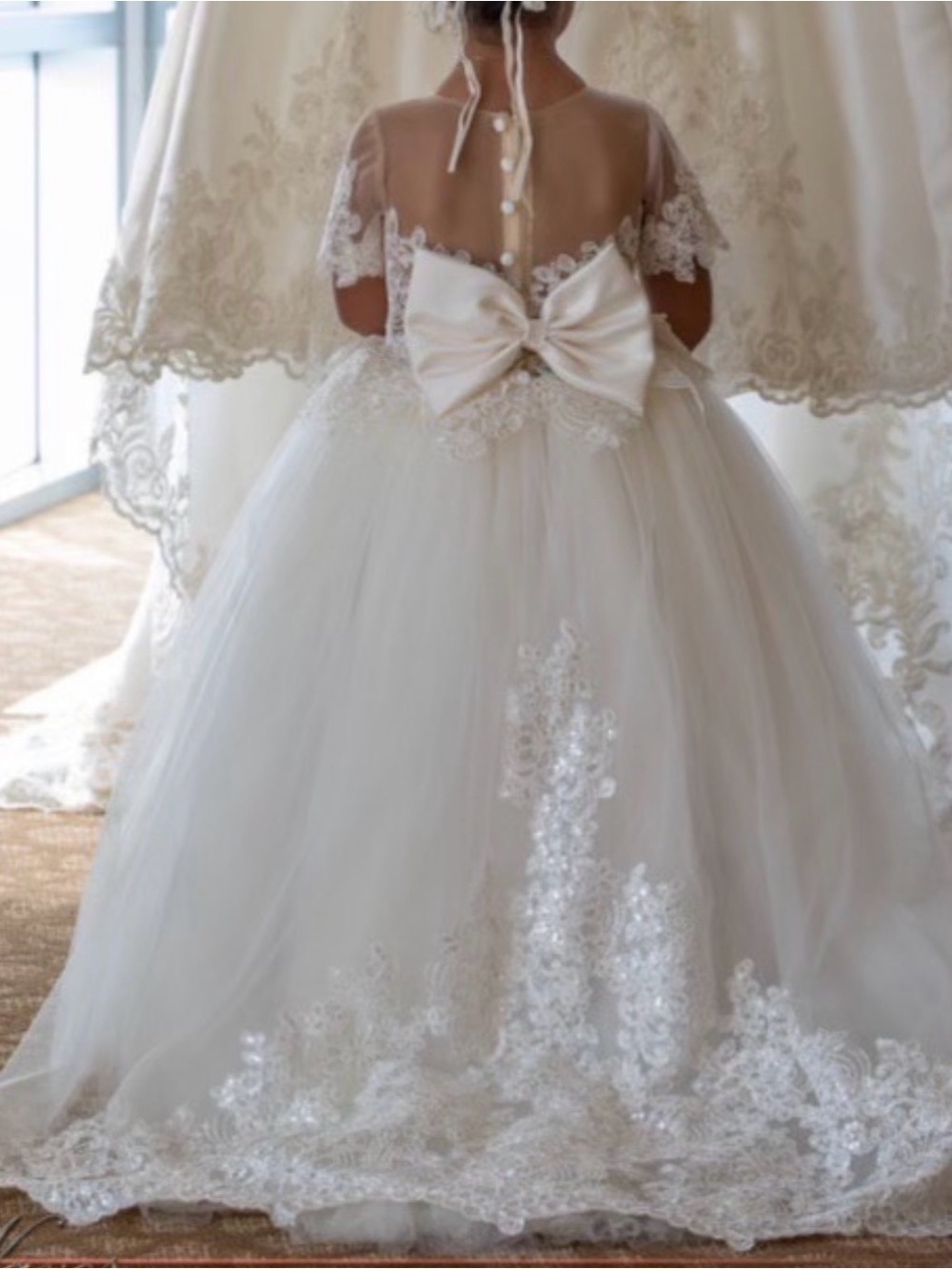Ivory Lace Tulle Flower Girl Dress with Bow